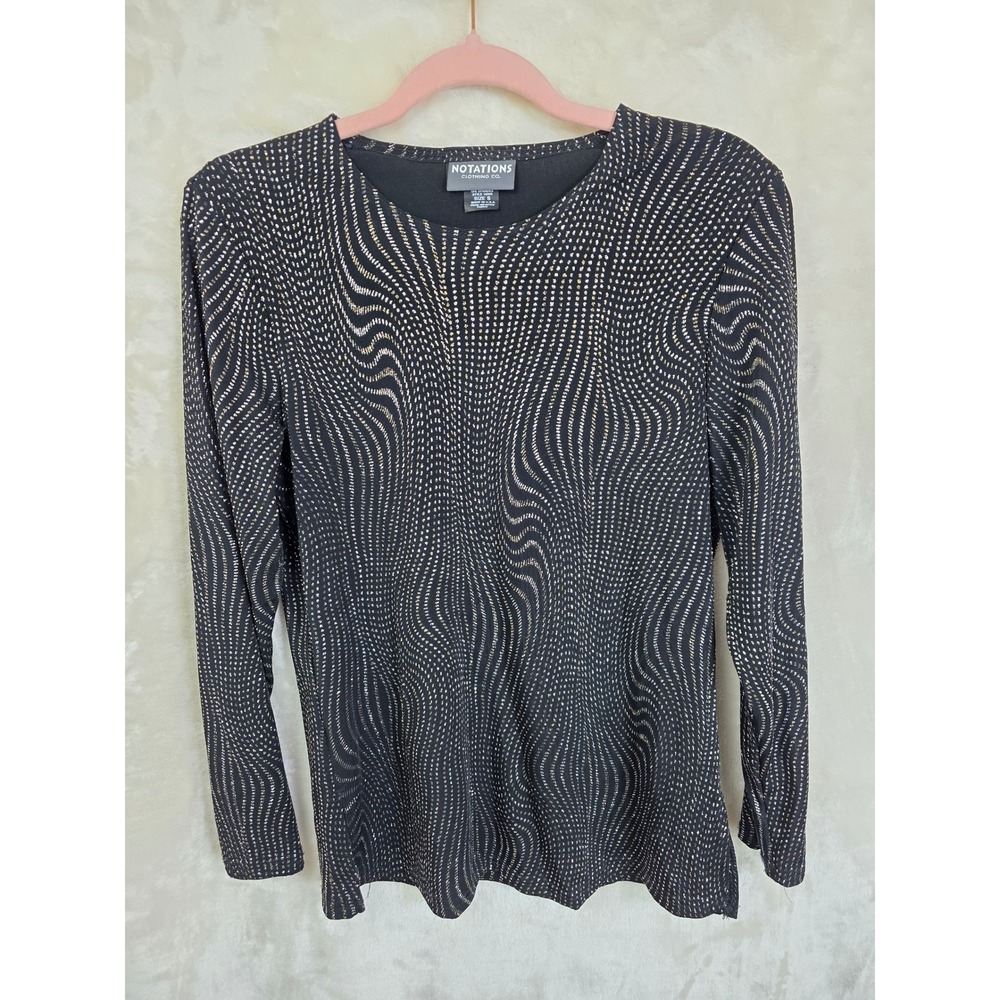 Notations Black Metallic Silver Gold Glitter Wavy Long Sleeve Top Style 14065 S